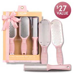 [TADA Natural Beauty] 3PC Pink 3-Step Smoothing Footcare Set - Pedicure Gift Set for Mom, Foot Scrubber, Callus Remover & Exfoliating Tools for Dry Feet, Cracked Heels & Smooth Skin, Summer Essential, Pedicure Self-care, Home Spa Foot care