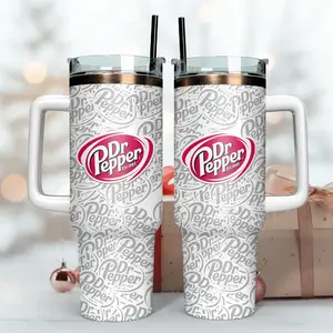 Dr Pepper 40oz Insulated Tumbler With Handle & Straw, Vintage White All-Over Print Soda Drinkware, Aesthetic Monogram Stainless Steel Travel Mug, Rose Gold Rim Cup, Trendy Gift For Soda Lovers, Christmas Birthday Gift For Her