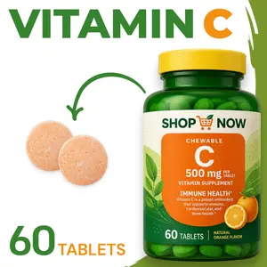 Vitamin C 500mg Chewable Tablets Orange Flavor - 60 Count for Immune Support & Antioxidant Health