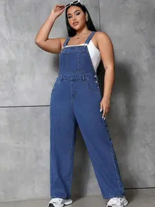 Women's Denim Strap Pants Overalls, Adjustable Shoulder Straps, Wide Leg High Waist Jeans, Fashionable Casual Comfortable Daily Wear