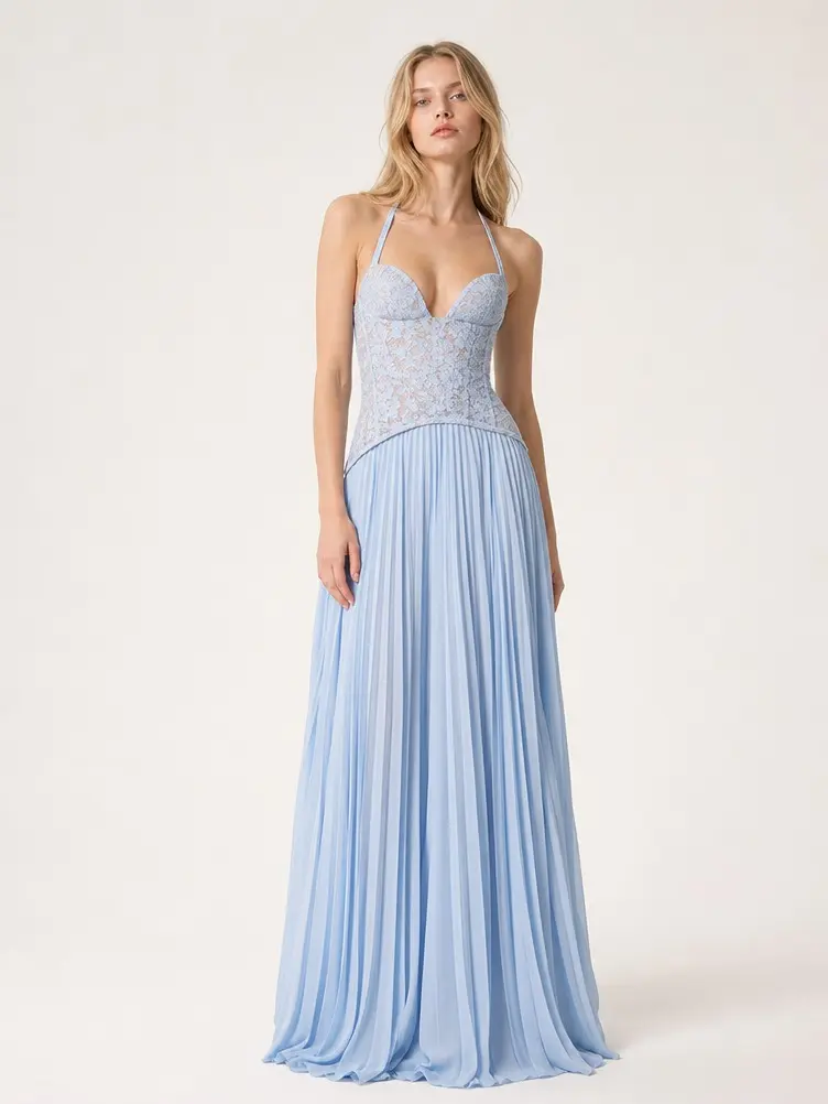 Halter Low Plunge V Open Back High Waist Pleated Floor Length Maxi Dress Slim Corset Fitted Long Evening Gown Elegant Figure Flattering Outfit For Wedding Guest Prom Gala Cocktail Dinner Date Night Birthday Red Carpet Beach Vacation Summer Holiday
