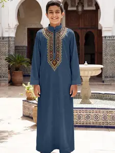 Boys' Blue Geometric Embroidered Robe, Arabic Traditional Clothing, Prayer Wear, Moroccan Ethnic Style Kids Fashion