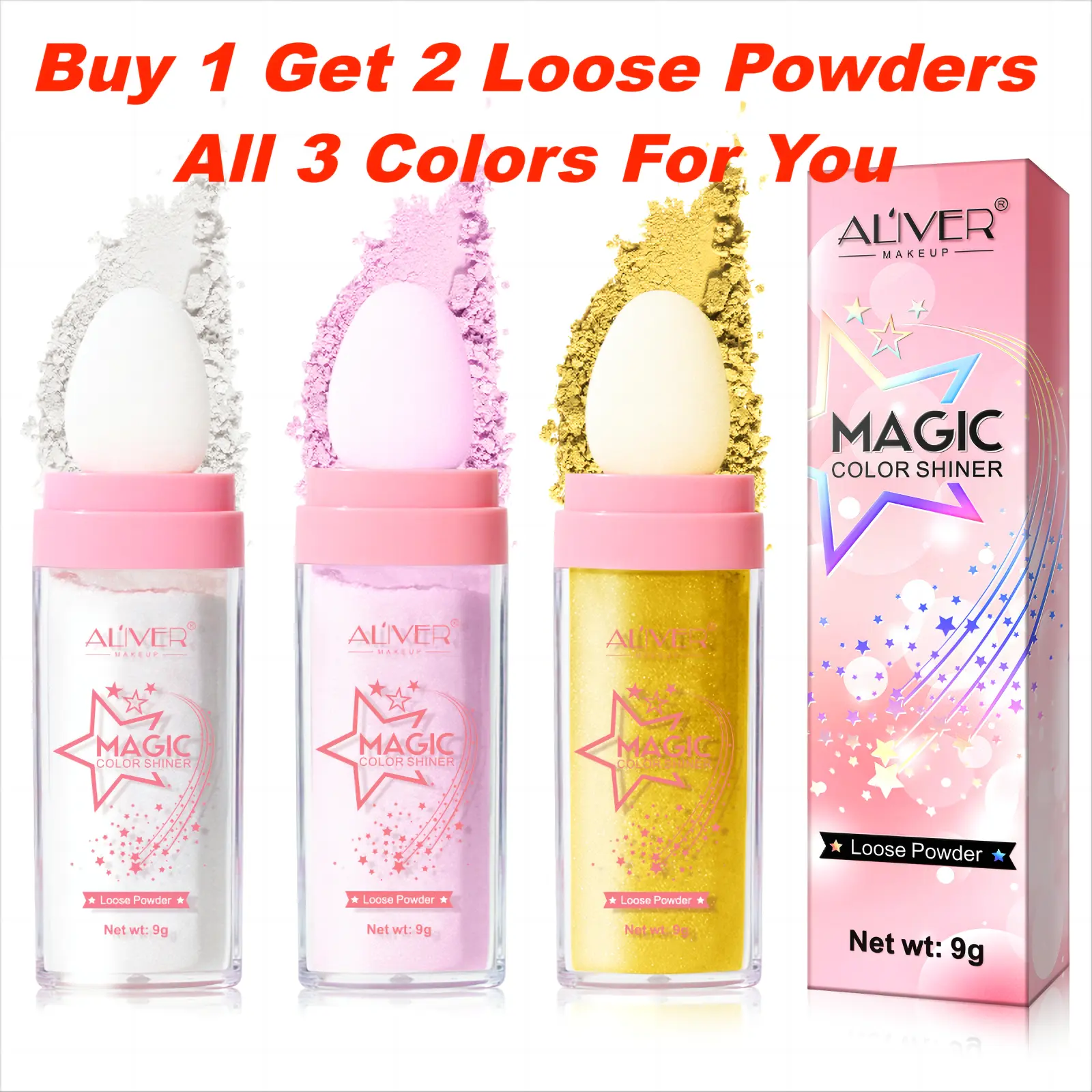 ALIVER Patting Glitter Highlighter, Multi-Purpose Shimmer Loose Powder Makeup for Face, Hair & Body, Available in 3 Colors, Highlighter Makeup, Beauty Highlighters