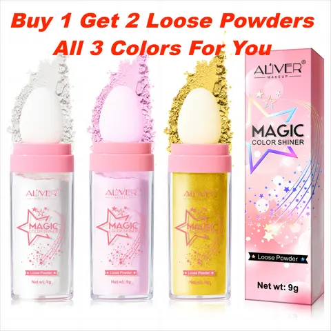ALIVER Patting Glitter Highlighter Makeup Multi-Pack - Cruelty-Free, Vegan Safe, Chemical-Free Sparkle Shine Loose Powder for Face & Body, 3 Colors Including #01 - White Moonbeam, Adult Beauty Highlighters