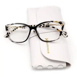 HAITONGCR-1 pc reading glasses with blue light protection lenses, red and black tortoise frames, fashionable style suitable for women, unisex, with glasses box and cloth