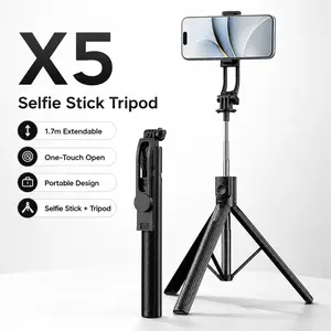 X5 Selfie Stick Tripod, 1.7m Extendable Bluetooth-compatible Phone Tripod, One-Touch Open Floor Tripod with Remote, Stable Vlog Stand for Tiktok Live