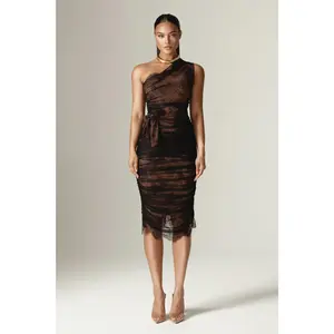 Fatima Lace Ruched Midi Dress - Brown | Women's One Shoulder Floral Lace Dress with Cinched Waist - Elegant Bodycon Fit Outfit - Perfect for Dinner Dates, Cocktail Parties & Formal Wear - Womenswear Fashion