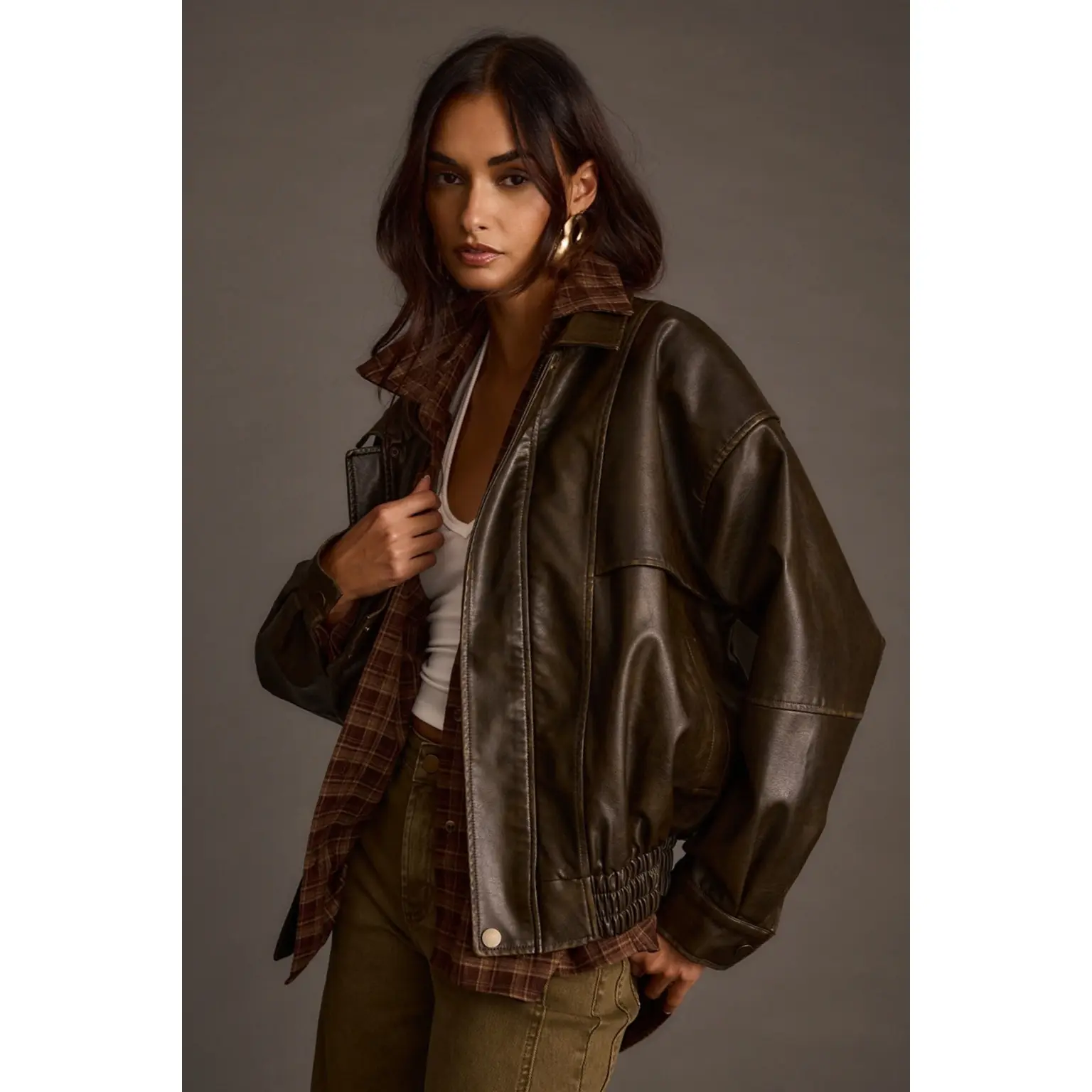 London Calling Brown Oversized Faux Leather Jacket Fit Cropped London Calling Brown Oversized Faux Leather Jacket Fit Cropped
