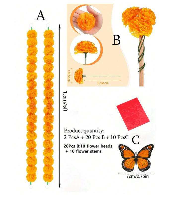 32Pcs Orange Artificial Marigold Butterfly Set Day Of The Dead Faux Flower Halloween Artificial Flower Head Marigold Garland For Diwali Decor, Traditional Decor Decorative Fruit