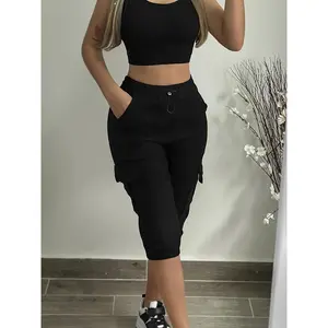 Flap Pocket Capris Cargo Pants, Casual Drawstring Solid Color Sporty Pants, Women's Clothing Womenswear Bottoms Comfort Trouser Basic Minimalist Joggers Peach