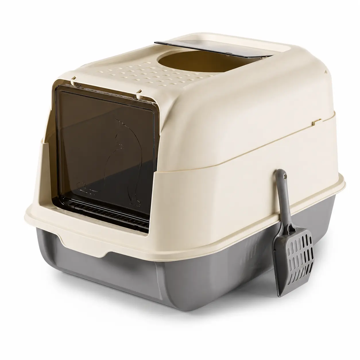 Large Enclosed Cat Litter Box with Front Entry & Top Exit, Double Door Covered Kitty Litter Pan, Pull-Off Hood, High-Sided Plastic Base, Cat Toilet with Scoop for Indoor Cats, Gray & Cream