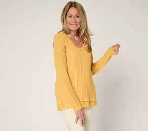 Susan Graver Long Sleeve Fringe Hem Pointelle Sweater