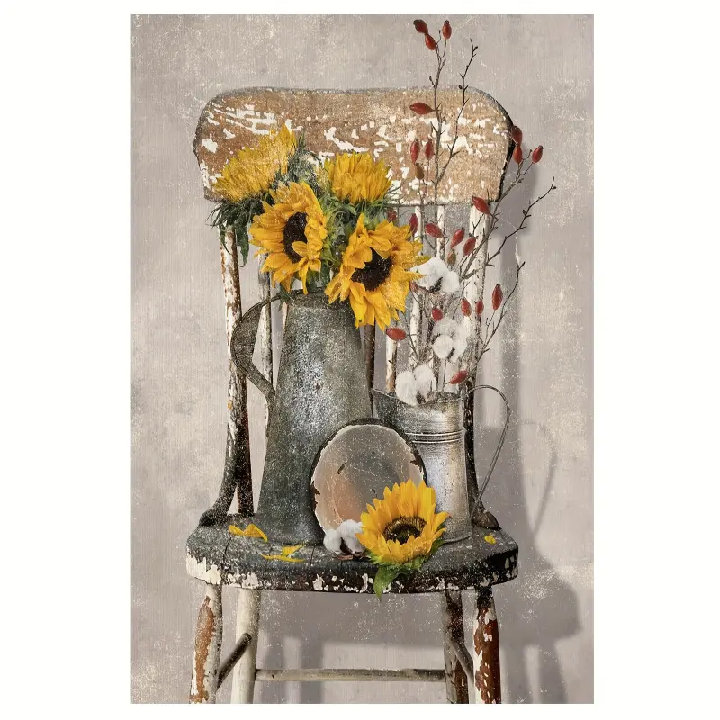 A Simple Style Sunflower Canvas Art Print - Wooden Frame, Vintage Farmhouse Floral Poster, Yellow Sunflower in an Old Metal Kettle, Suitable for Living Room, Bedroom, Bathroom or Office Decoration, Bedroom Wall Art|Vintage Sunflower Design| Wooden framed