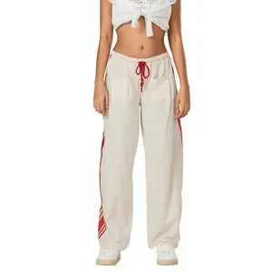 Women's Loose Casual Pants Side Stripe Drawstring Waist Straight Leg Trousers with Pockets Streetwear
