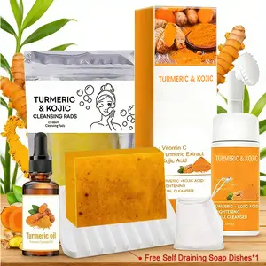 Turmeric Wash and Care 5-Piece Set – Facial Cleanser with Brush, soap dish ,Soap Bars , Soft Face Cleansing Pads and Turmeric Oil – Turmeric Face Wash Kit, Turmeric Skincare Set,Comfortable facial cleanser