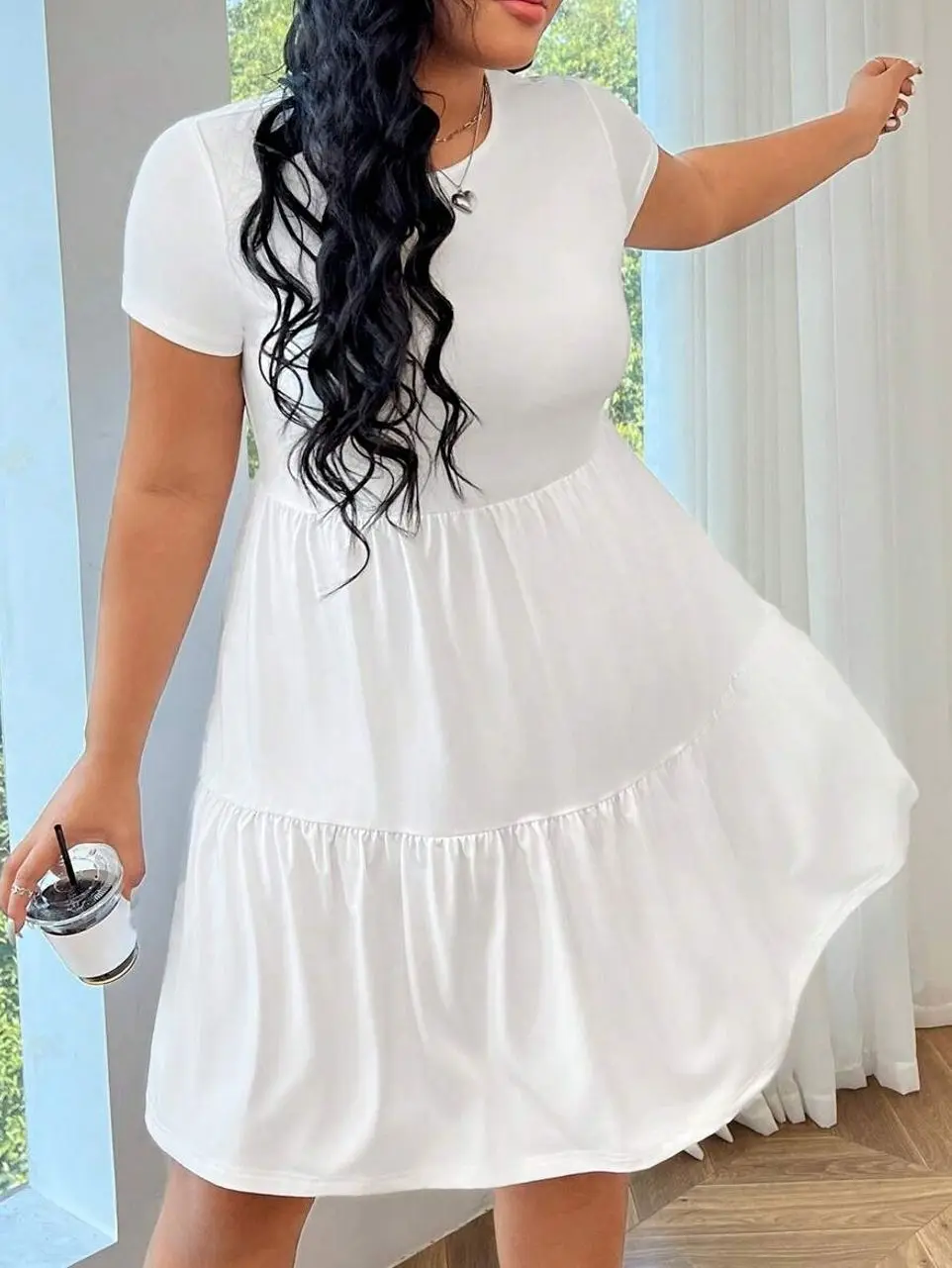 Plus Size White Knitted Dress, Elegant Hem Patchwork Bodycon Dress for Formal Events