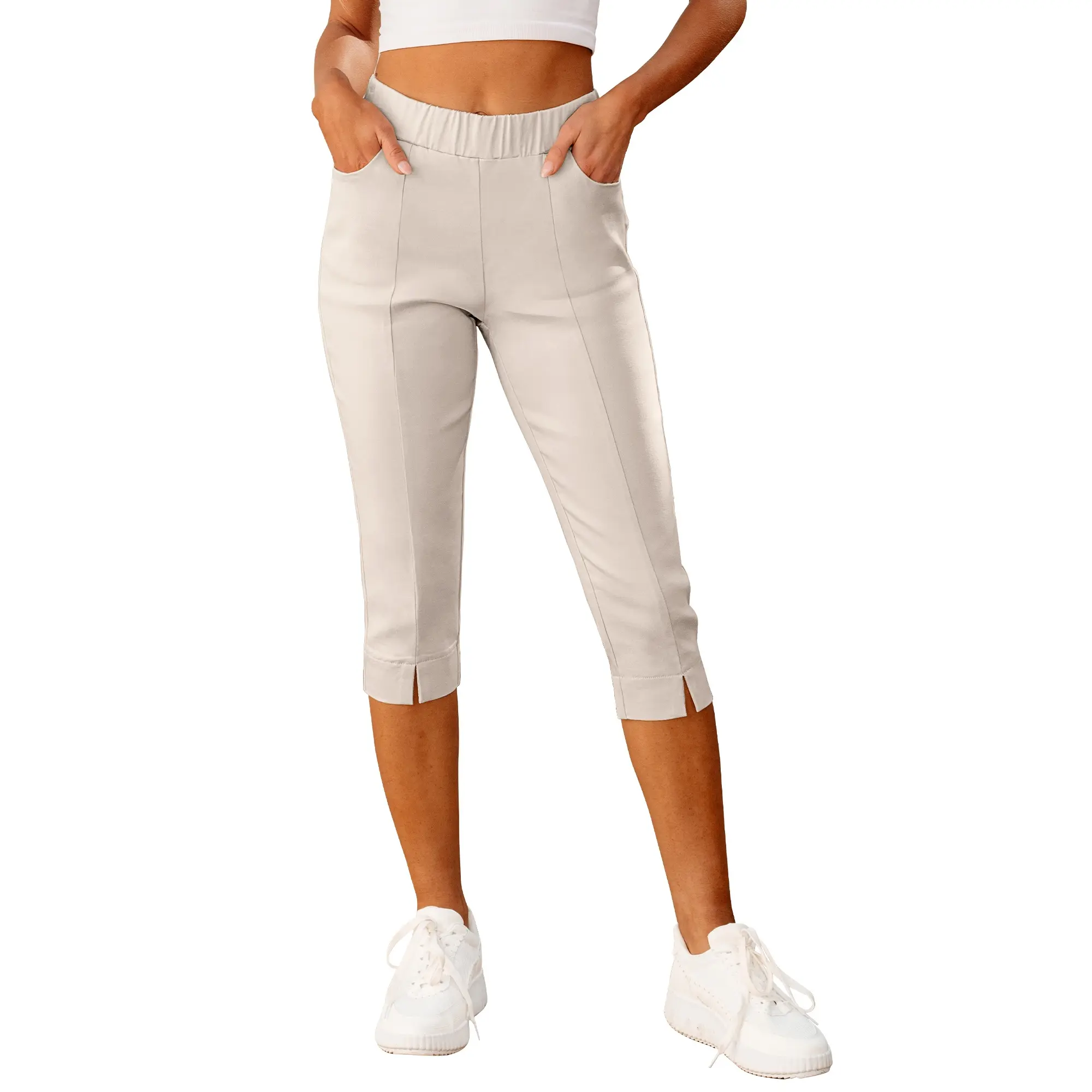 GRAPENT Women's High Waisted Capri Pants, Pull-On Elastic Stretch Stretchy Skinny Pants, Dressy Casual Trousers with Pockets for Moms, Capri Pants Women