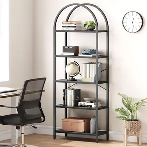 Tier Arched Display Rack 71 in Industrial-Style Freestanding Bookshelf Metal Frame High Storage Cabinet for Bedrooms, Living Rooms, Offices, and Home Environments - Black  Gold Gray  Brown