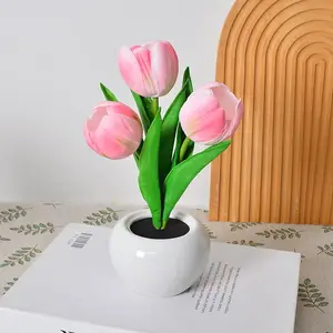 Flower Table Lamp Tulip Desk LED Night Light for Home Living Room Decor Artificial Flower with Vase Table Centerpieces for Birthday Holiday Party Wedding Room Decoration （Pink） Mom Love You Gift