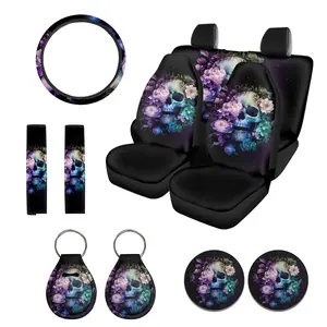 Skeleton&Hibiscus Flower Pattern Print Car Seat Covers Full Set,Auto Interior Upgrade, Stylish Car Decor, Modern Car Accessories, Durable Car Stuff Highquality Covers Funny Interior Car Accessories Halloween Gift automotive decorations