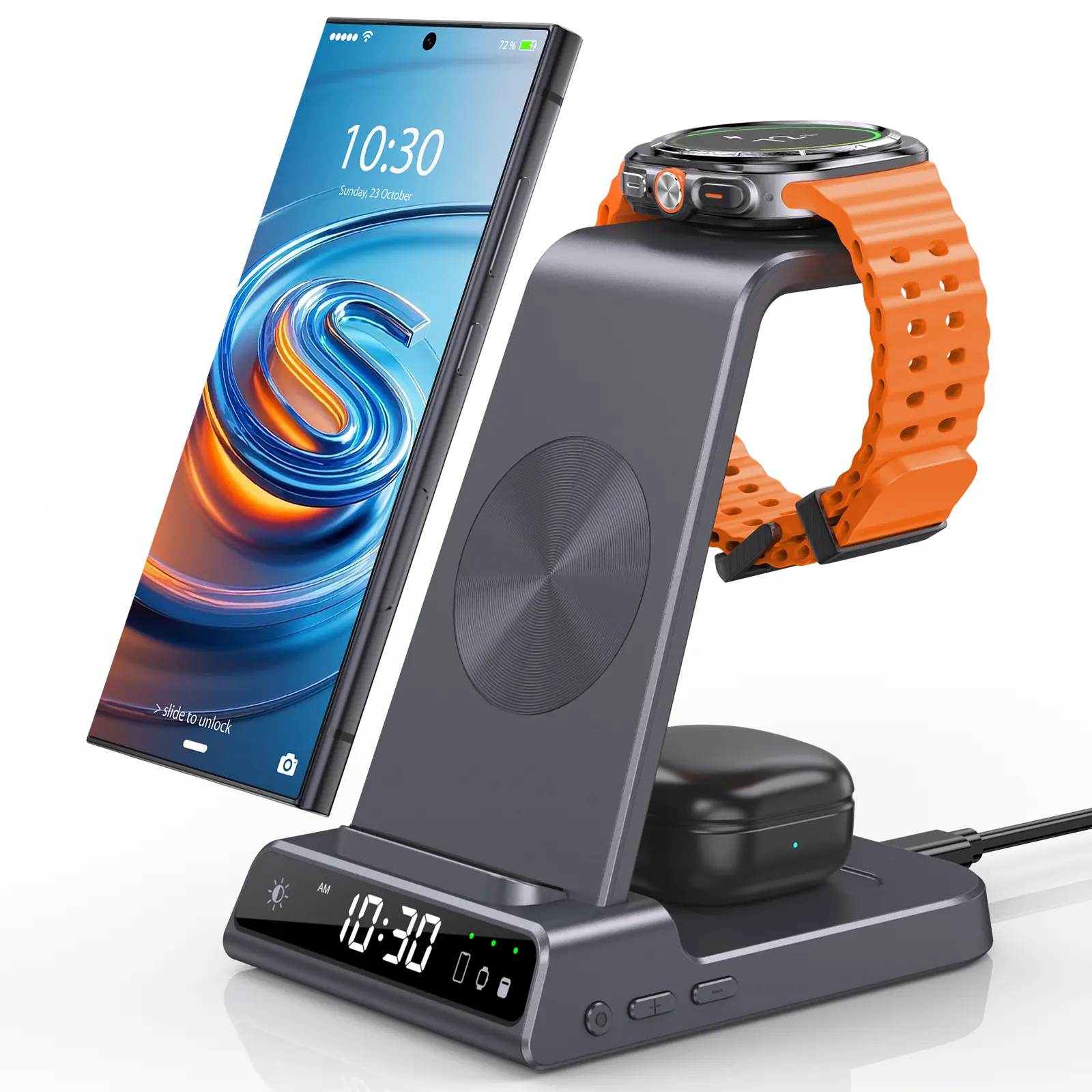 3-in-1 Portable Wireless Charger for Samsung & Apple; features an LED digital clock with 3-level brightness adjustment; compatible with iPhone 17/16/15/14–8 series, Samsung Galaxy series, Apple Watch, and AirPods. #IdealBackToSchoolGift-c01