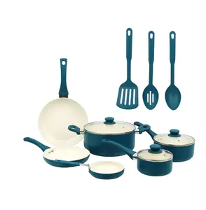 12 Piece Ceramic Nonstick Aluminum Pots and Pans Cookware Set Blue with Spatulas and Utensils for Easy Cooking