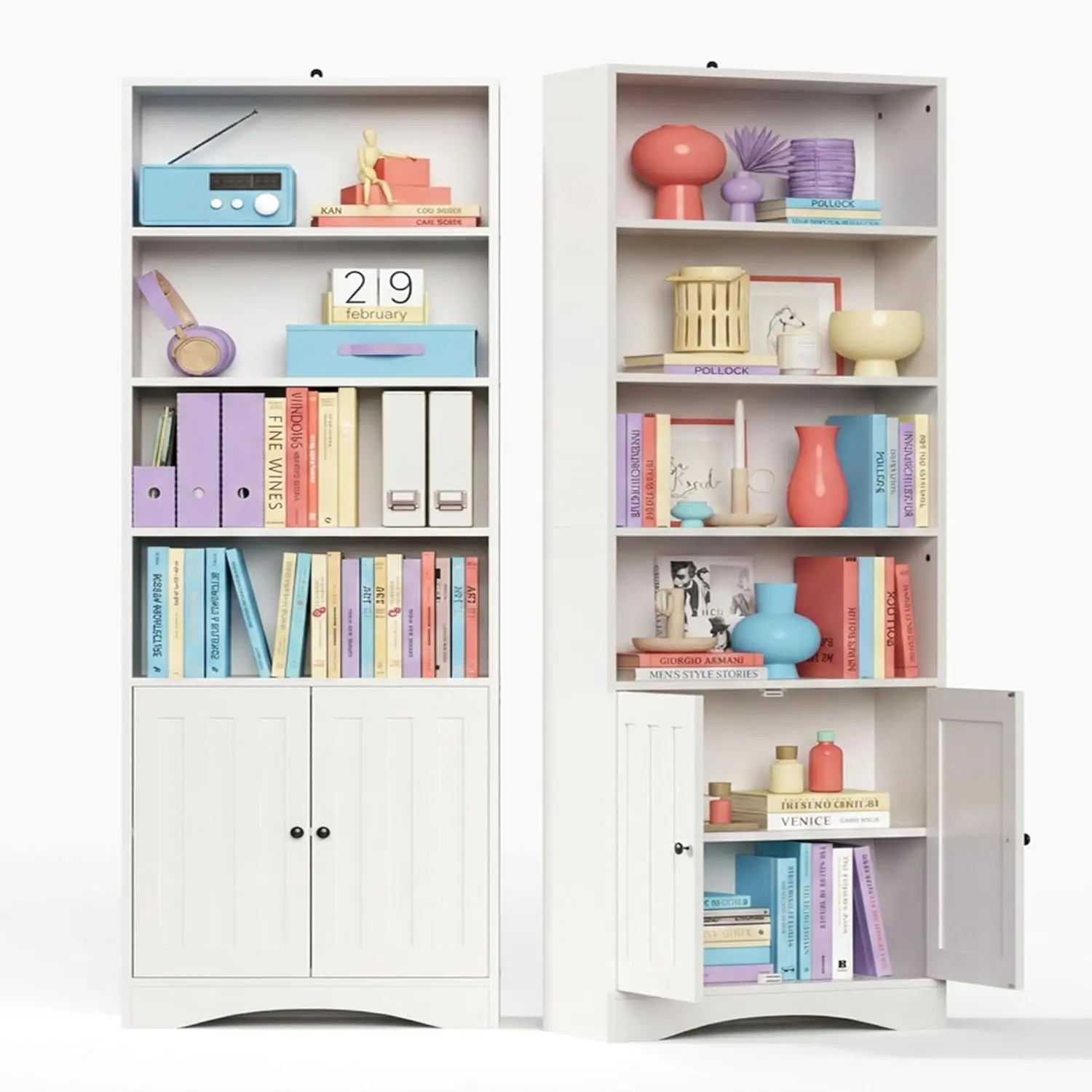 Gizoon Bookshelves and Bookcases with Doors, 6-Shelf Bookcase, Floor Standing Display Storage Shelves, 71” Tall Bookcase, with Adjustable Shelves, for Home, Office, Living Room, White