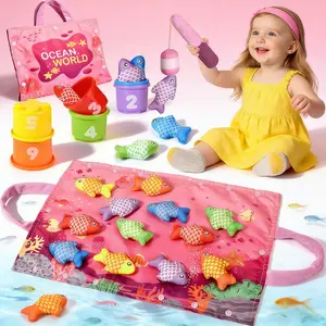 Montessori Fishing Set for Baby & Toddler, Pink Fishing Game with Stacking Cups,Baby Color Sorting Toy 12-24 Months One Year Old Birthday Gift,Toddler Toys for 1 2 3 Year Old Boy Girl Gifts