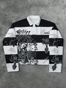1Pcs Mens Striped Long Sleeve Polo Shirt | Gothic Virgin Mary Graphic Rugby Shirt | Boxy Cropped Fit Saints Belief Streetwear Top Casual Fashion Menswear