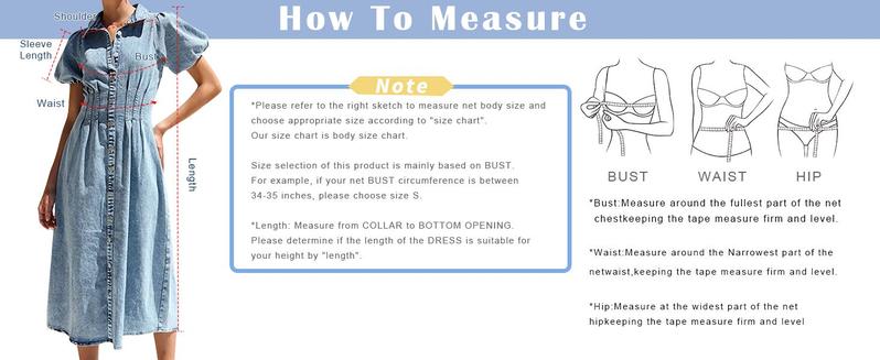 【New Arrival】Ebossy Women Long Denim Dress Puff Sleeve Button Down Casual Slim Fit Midi Jean Shirt Dress