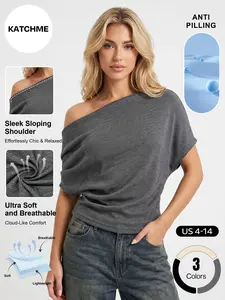 Katch Me Chic Women's Elegant Sloping Shoulder Short Sleeve Skin-Friendly Top, Sleek Soft Wrinkle-Resistant Daily Outfit, Loose Stretch Anti-Pilling Womenswear