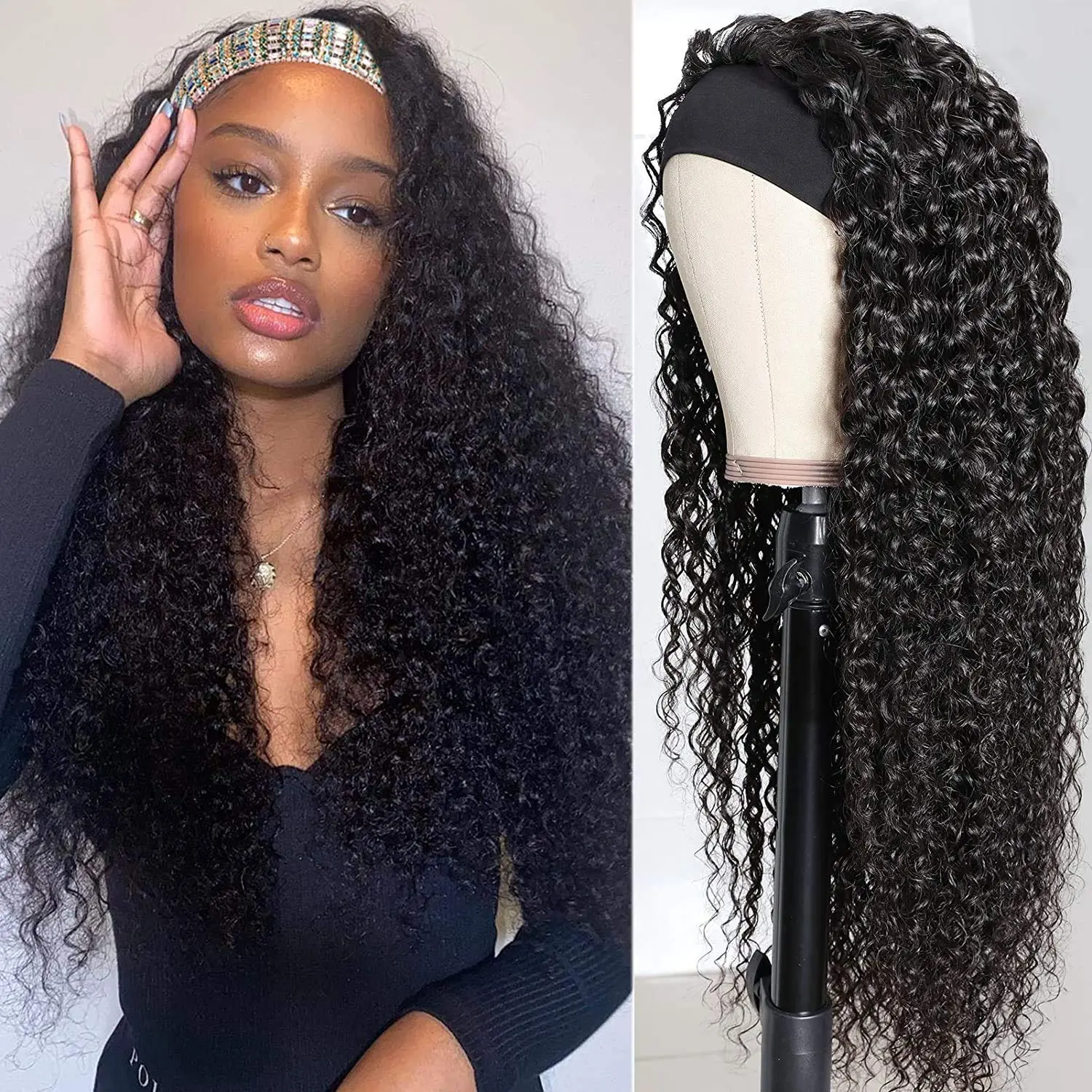 MYLOCKME Hair Glueless Curly Headband Wig Human Hair Deep Wave 24 Inches None Lace Front Wig Human Hair Machine Made Wigs 180% Density Headband Curly Human Hair Wigs for Women Natural Color