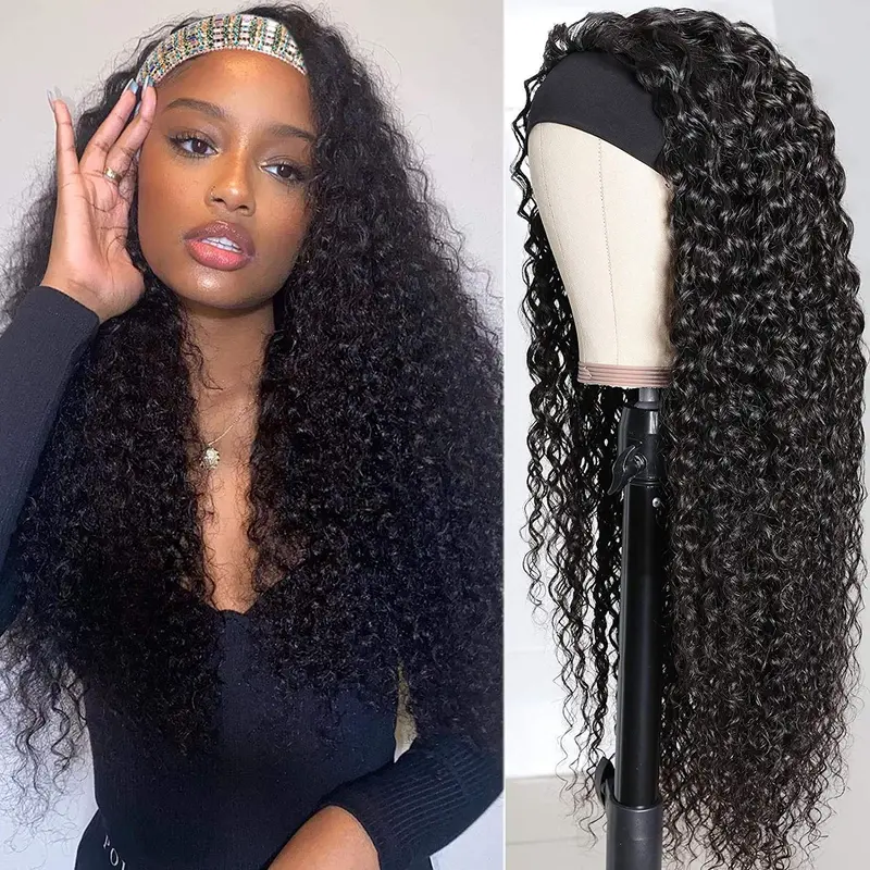 Glueless Headband Wig Human Hair Deep Wave  180% Density Natural Color None Lace Front Wig Kinky Curly Machine Made Human Hair Wigs for Black Women 100%  Raw Virgin Hair Burmese Curly Headband Wigs No Glue Protective Style Easy Wear Wigs