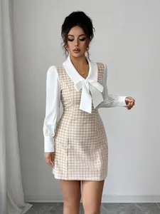 A women's fashionable elegant apricot white color blocked Long Sleeve coarse tweed bow dress, the coarse tweed adds texture, and the bow adds sweetness, suitable for commuting to work, shopping and playing indoors and outdoors