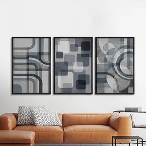 Poster Modern Geometric Wall Art Set of 3, Blue Gray Abstract , Mid Century Modern Neutral Decor for Living Room, Unframed Poster