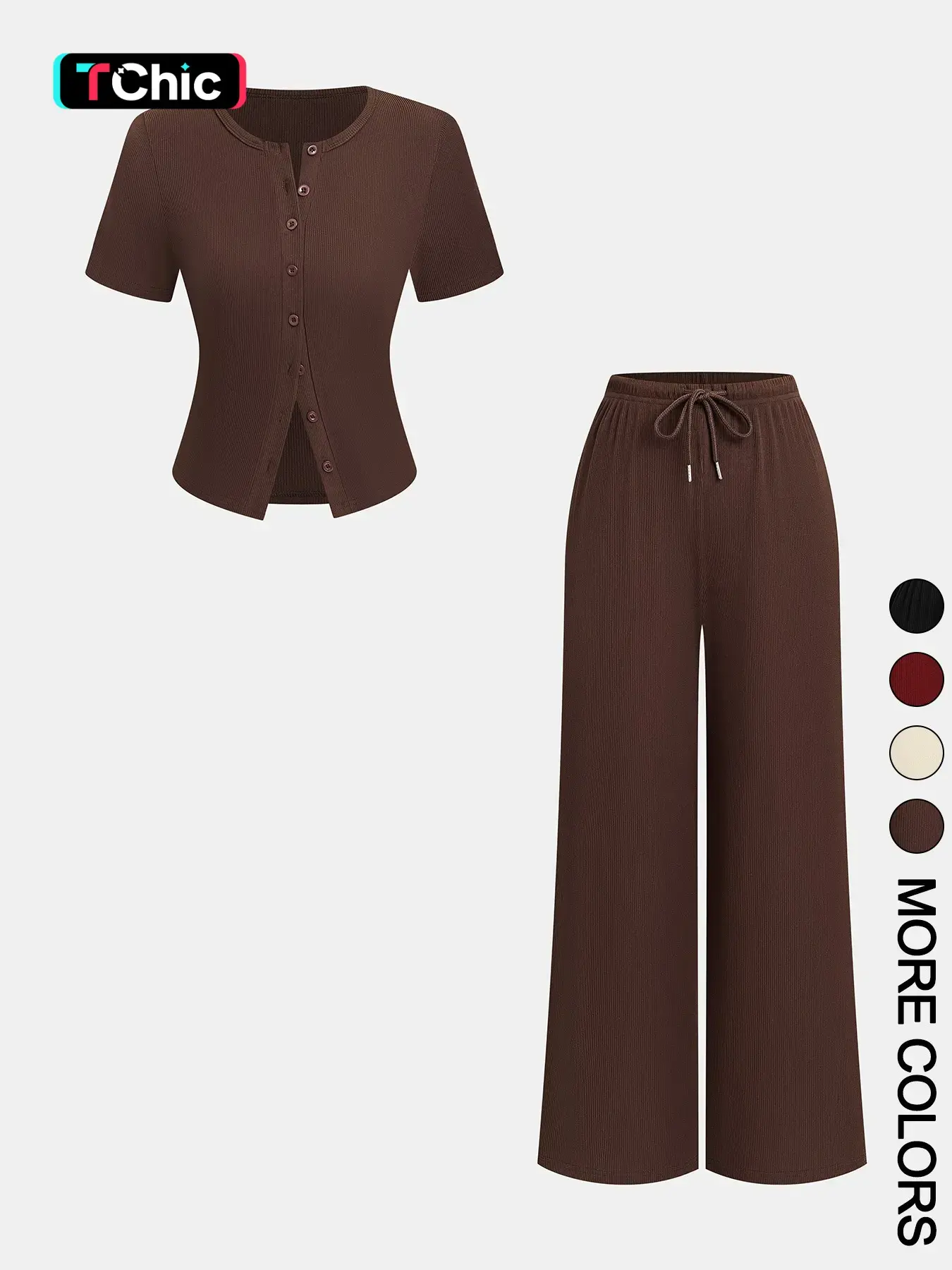 Women's Casual Lightweight Fitted Short-Sleeve Button-Up Cardigan Top and High-Waist Wide-Leg Drawstring Pants Set, Plain Design for Home Leisure Clothes