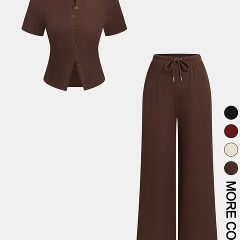Women's Casual Lightweight Fitted Short-Sleeve Button-Up Cardigan Top and High-Waist Wide-Leg Drawstring Pants Set, Plain Design for Home Leisure Knit Cardigan Set