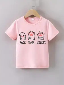 Youngsters' Summer Cartoon "Cat Paw" Print T-Shirt - Soft Cotton & Spandex Blend, Casual Crew Neck, Short Sleeve Tee with Rock Paper Scissors Game Graphic for Girls