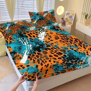 Orange Blue Colorblock Graffiti Leopard Print Fitted Sheet Set with 2 Coreless Pillowcases, Orange Blue Color with Leopard Print Texture & White Graffiti, Soft Non-Slip Wrinkle Resistant, Artistic Design Wild Trendy Art Bedroom Decor