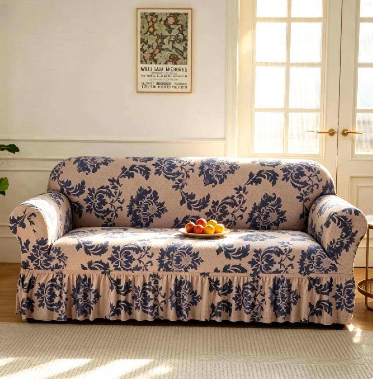 Chic Blue Damask Couch Cover | Stretchy Fabric with Ruffled Skirt for Instant Room Refresh
