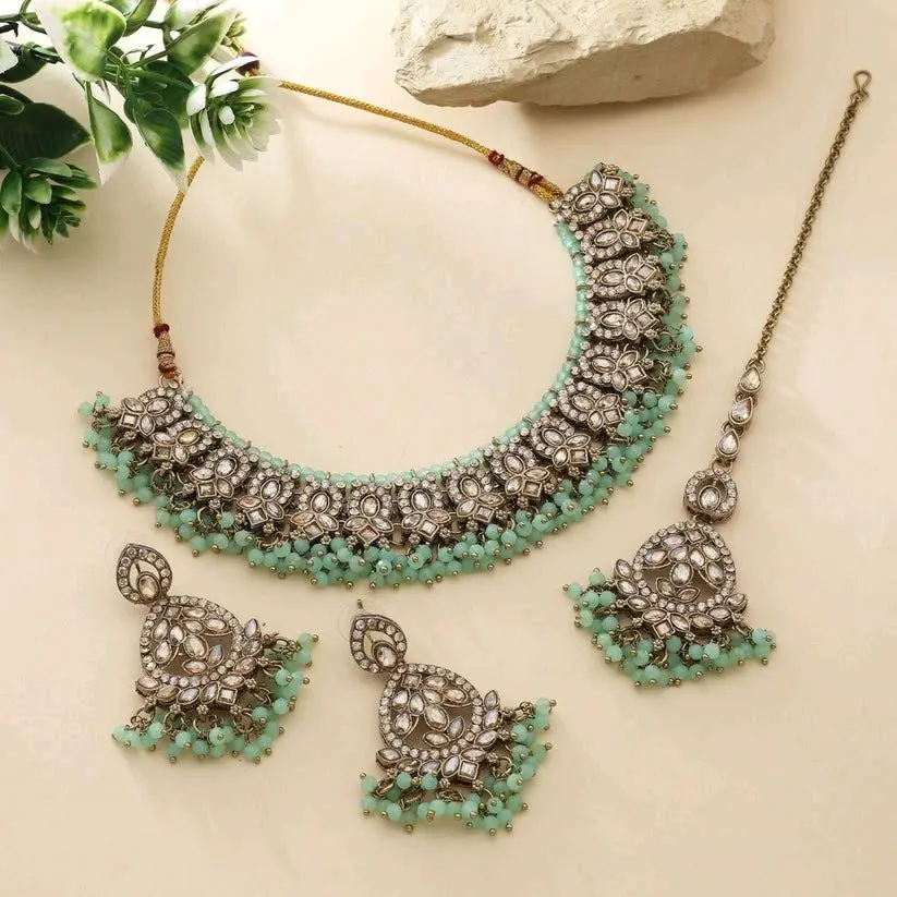 Bollywood Polki and Kundan Stones 3-Piece Jewelry Set - Necklace Chain, Pendant Earrings, Tikaa with Hanging Crystals, Beads | Daily Chain Jewelry Necklaces