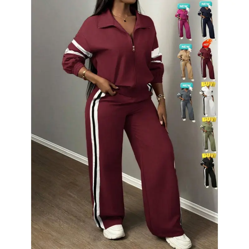 Women'S Zipper Jacket & Striped Wide-Leg Pants Set, Streetwear & Casual, Two-Piece Suit For Daily Wear,Women'S Zipper Jacket & Striped Wide-Leg Pants Set, Streetwear & Casual, Two-Piece Suit For Daily Wear,Airport Outfit