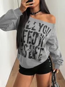 Women's Graphic Letter Hoodie, Long Sleeve, Casual Fitted Streetwear, Youthful Campus Style, Holiday Fashion, Versatile Natural Texture