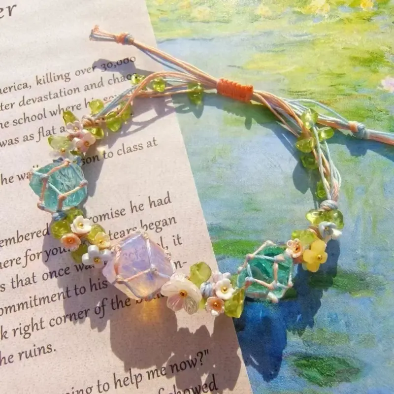 Boho Braids Wristband for Women, Handwoven Mixed Materials with Braided Rope and Botanical Glass Gems, Fairycore Cottagecore Spiritual Gift, A Macrame Bracelet, A Deep Lake Blue Bracelet, A Girl's Prayer, A Bracelet