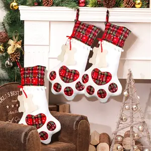Pet Dog Christmas Stocking Hanging Christmas Stocking 18 x 11 Inches with Large Paw for Christmas Decorations, Cute Pet Stockings Christmas, Plaid Christmas Stockings for Dogs Cats