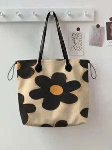 Floral Pattern 2D Printed Drawstring Tote Bag, Large Capacity Shopping Bag, Durable and Wear-Resistant, Suitable for Work, Shopping, Picnic