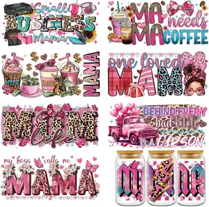 Mama UVDTF Cup Wrap - 8 Sheets Mom UV DTF Wraps for 16 oz, Leopard Print UV DTF Stickers for Water Botters Glass Cups,  Coffee Bow Rub on Transfer  for Women