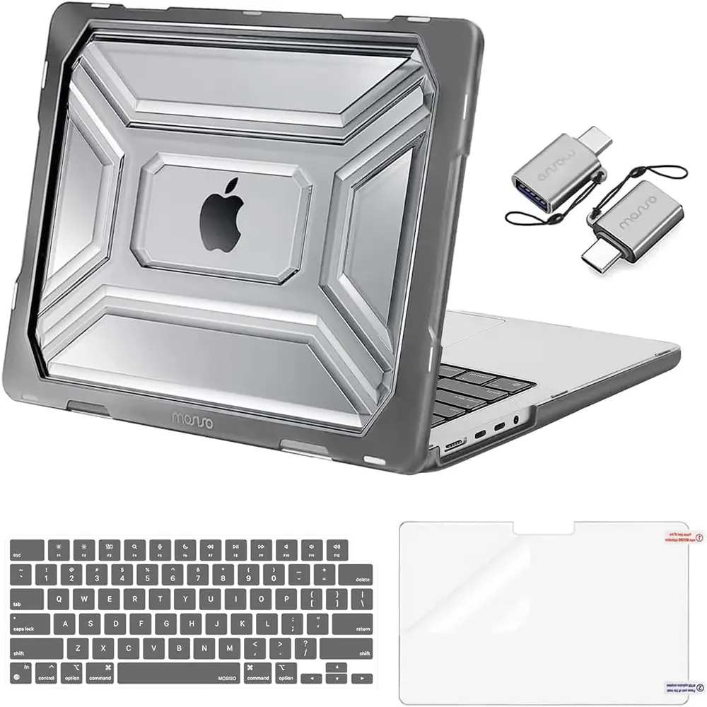 MOSISO Compatible with MacBook Pro 14 inch Case M5 2026 M4 M3 M2 M1 2025-2021 A3427 A3426 A3434 A3112 A3185 A3401 A2918 A2992 A2779 A2442,4 in 1 Kit Heavy Duty Hard Case with TPU Bumper, Gray, Hard Shell Organizer, Polycarbonate, Keyboard Cover, Office, S