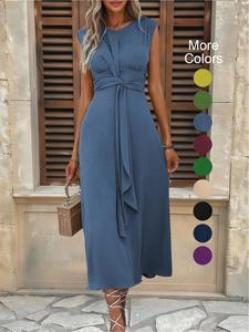 women's solid color tie shoulder cami dress, casual sleeveless round neck long dress for summer, ladies clothes for daily wear