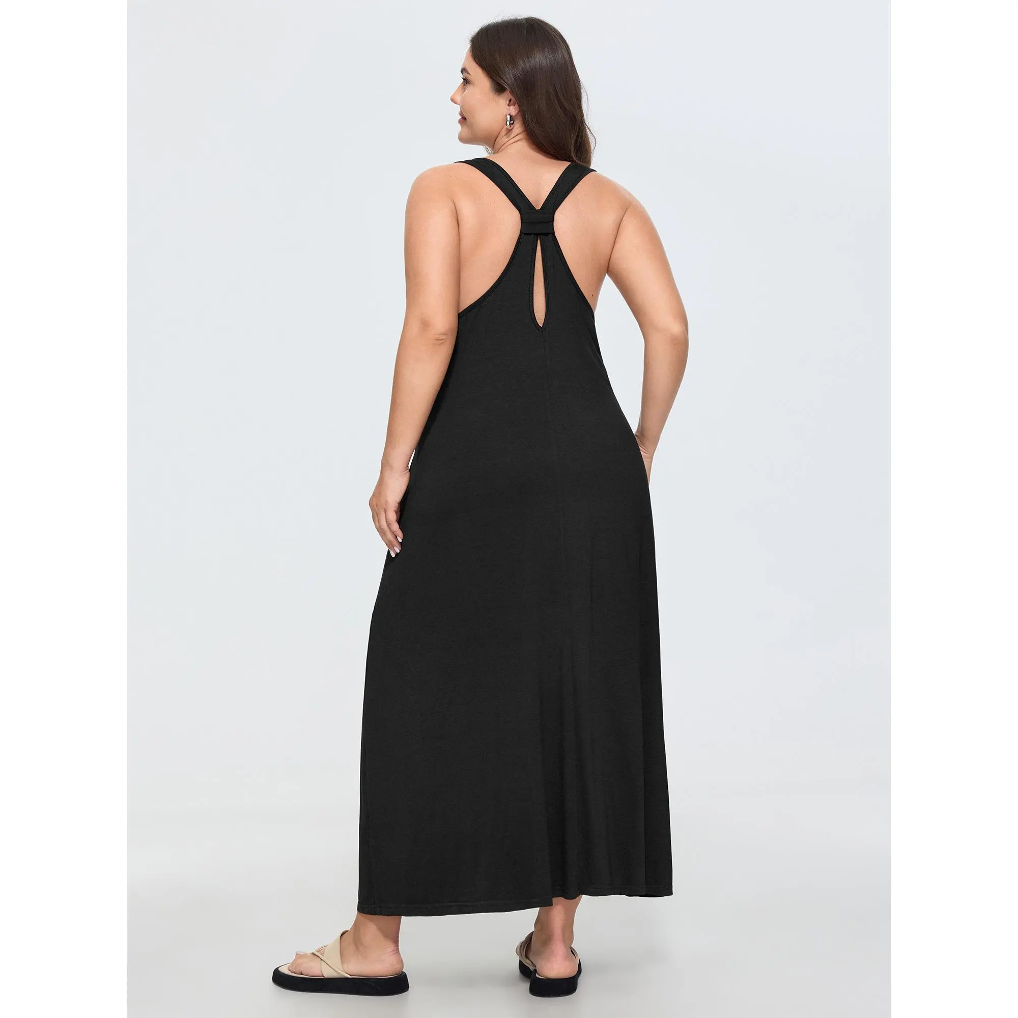 BloomChic Plus Size Supersoft Stretchy Maxi Dress, Casual Solid Sleeveless Garment with Cold Shoulder and Side Pockets, Spandex, Basic, Fabric, Fit, Style, Women, Casual Wear, Rayon Blend, Low Iron, Gentle Wash, 14-16/1X, 18-20/2X, Long Length